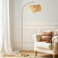 Brass Wave Arc Floor Lamp Handwoven Wicker Shade Aura-1