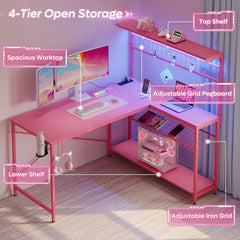 51 Inch L Shaped Gaming Desk Pink With Power Outlets And LED Lights-3