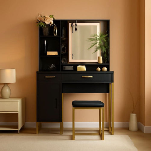 Black Vanity Desk With Multifunctional LED Lighting-0