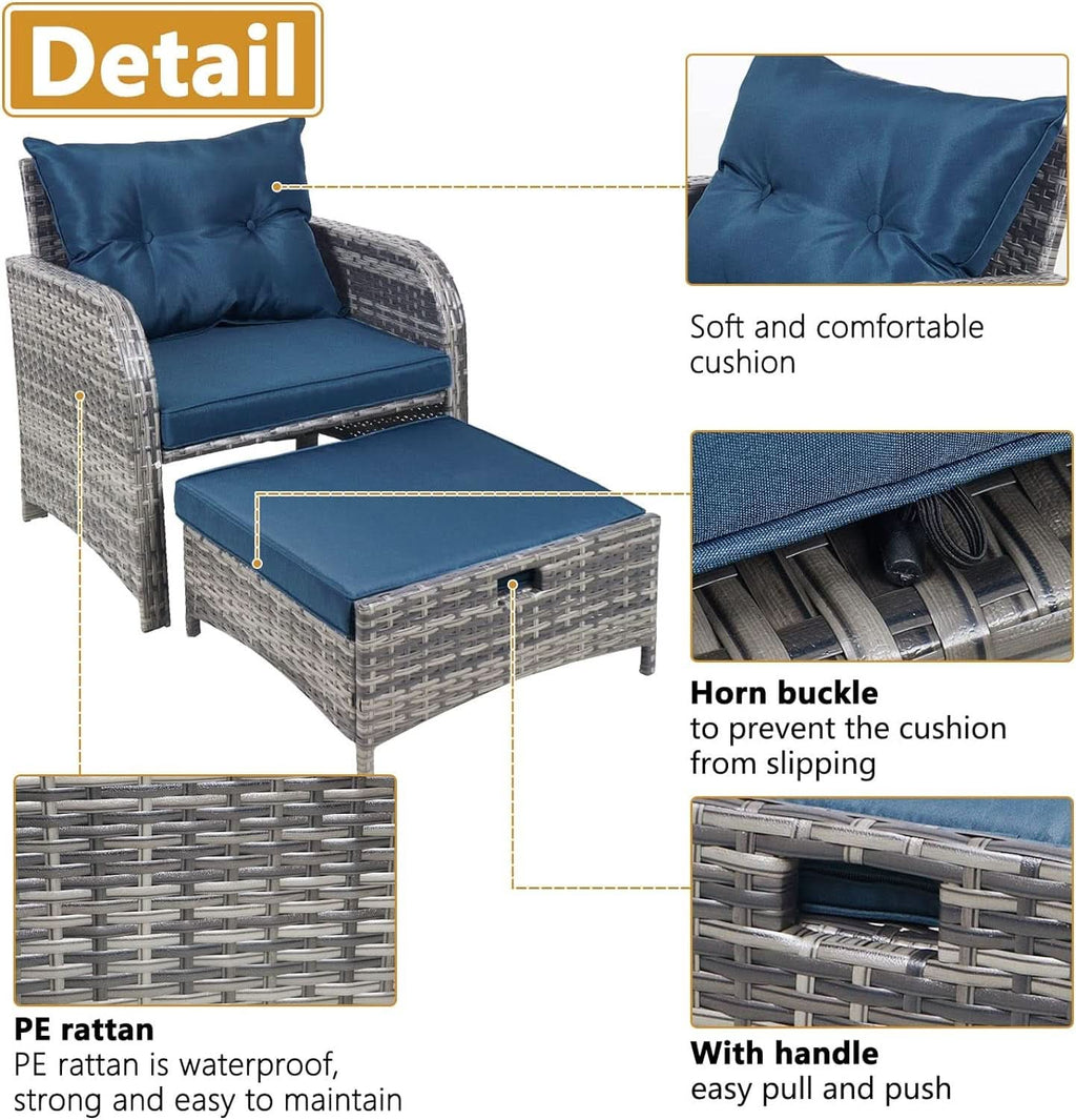 5 Pieces Wicker Outdoor Patio Chairs Set With Ottoman Blue-3