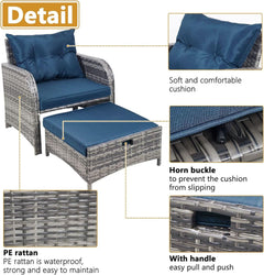 5 Pieces Wicker Outdoor Patio Chairs Set With Ottoman Blue-3