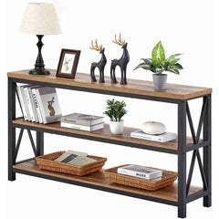 Rustic Wood Console Table With Three Shelves Metal Frame-0