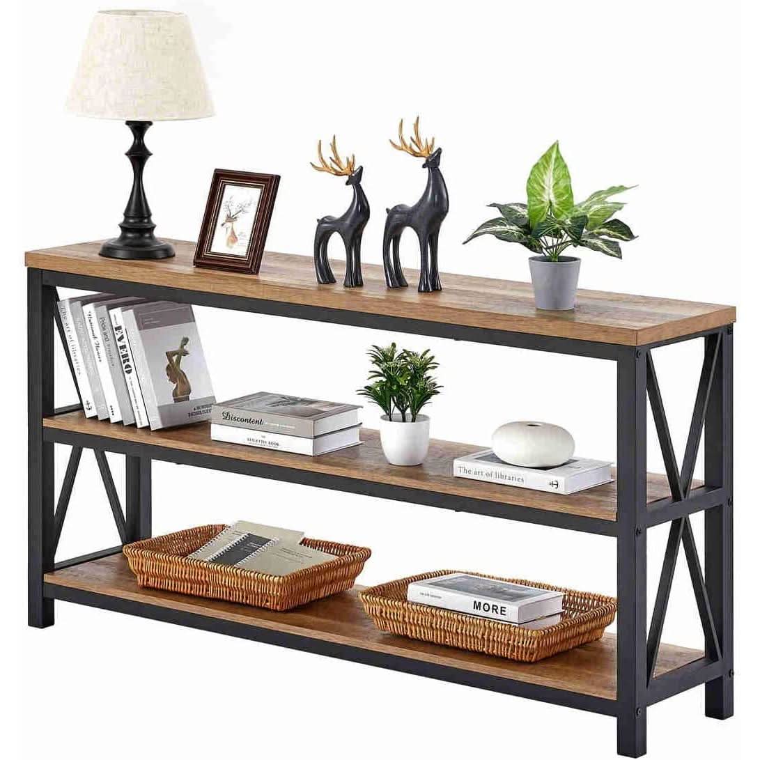 Rustic Wood Console Table With Three Shelves Metal Frame-0