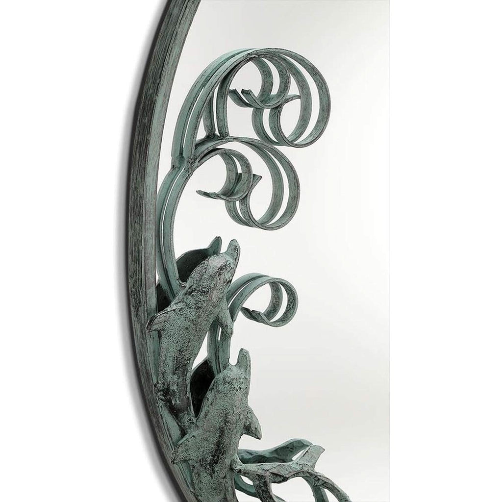 Dolphin Trio Wall Mirror Cast Iron Verdigris Finish 26 Inch-1