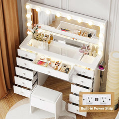 White Makeup Vanity With Illuminated Mirror Drawers-3