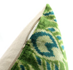 Handmade Velvet Throw Pillow with Green and Teal Ikat Design - High-Quality 20x20 Inch Decorative Accent with Premium Down Feather Insert