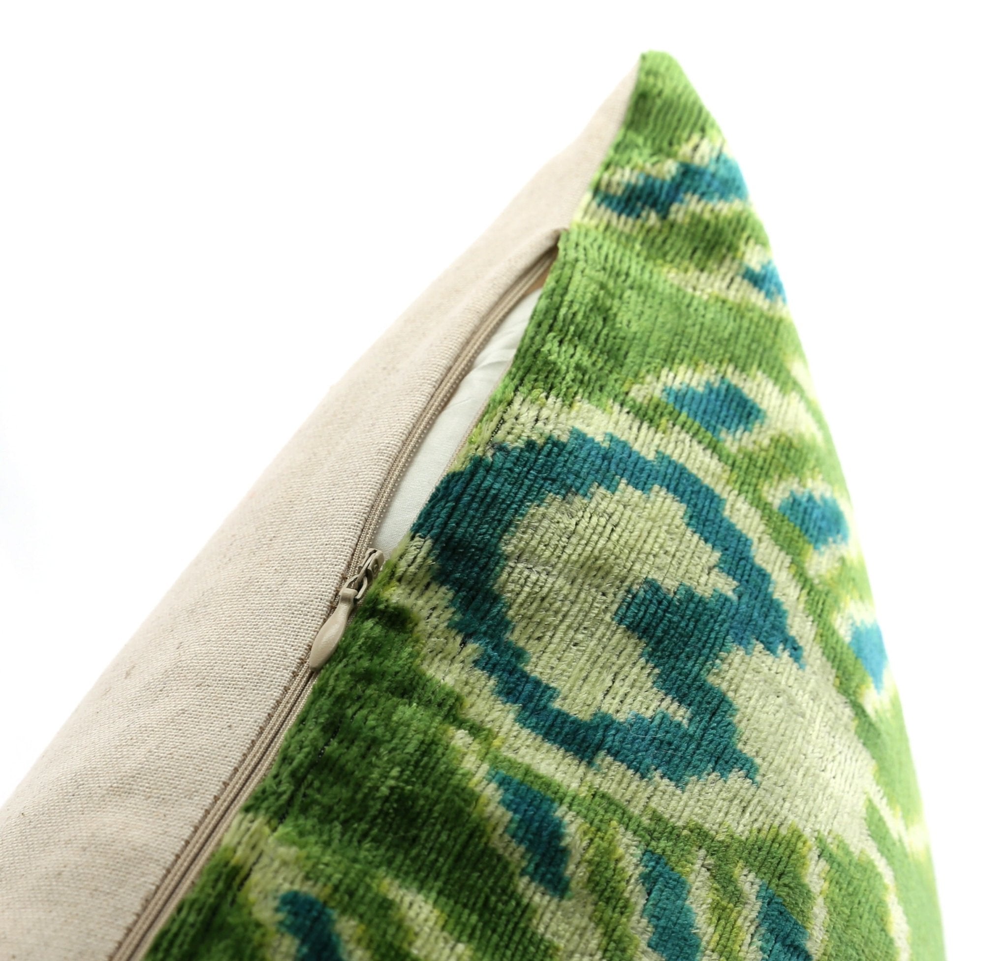 Handmade Velvet Throw Pillow with Green and Teal Ikat Design - High-Quality 20x20 Inch Decorative Accent with Premium Down Feather Insert