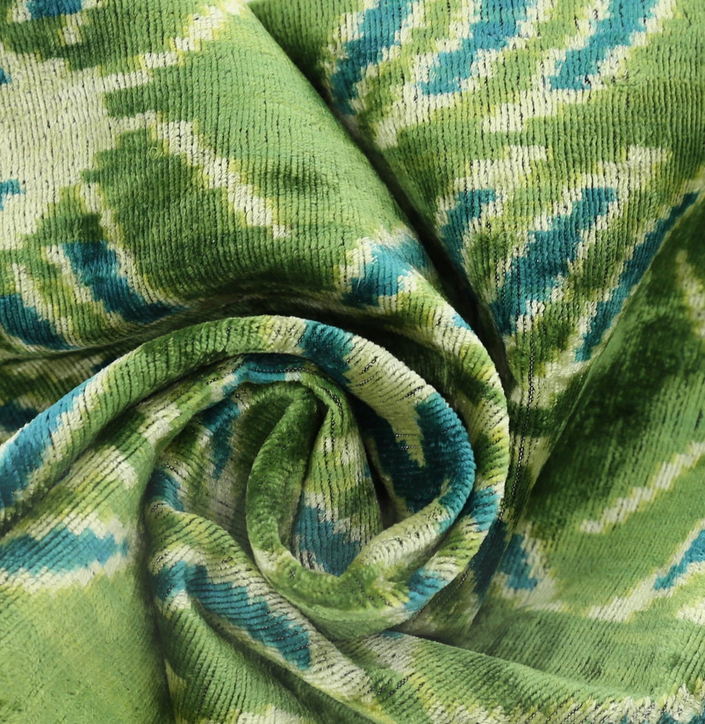 Handmade Velvet Throw Pillow with Green and Teal Ikat Design - High-Quality 20x20 Inch Decorative Accent with Premium Down Feather Insert