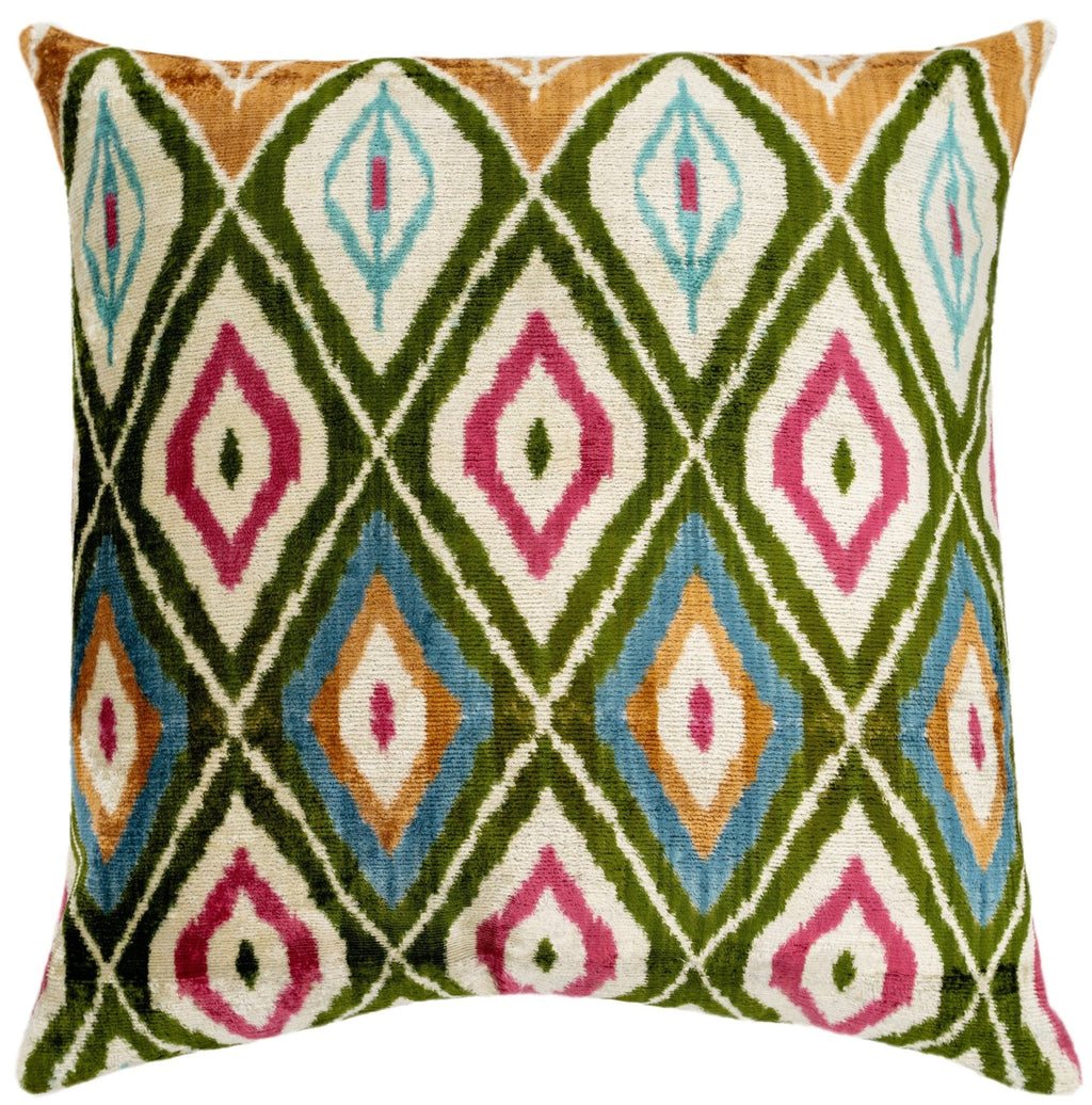 Handmade Velvet Throw Pillow with Multicolor Diamond Ikat Design - High-Quality 20x20 Inch Decorative Accent with Premium Down Feather Insert