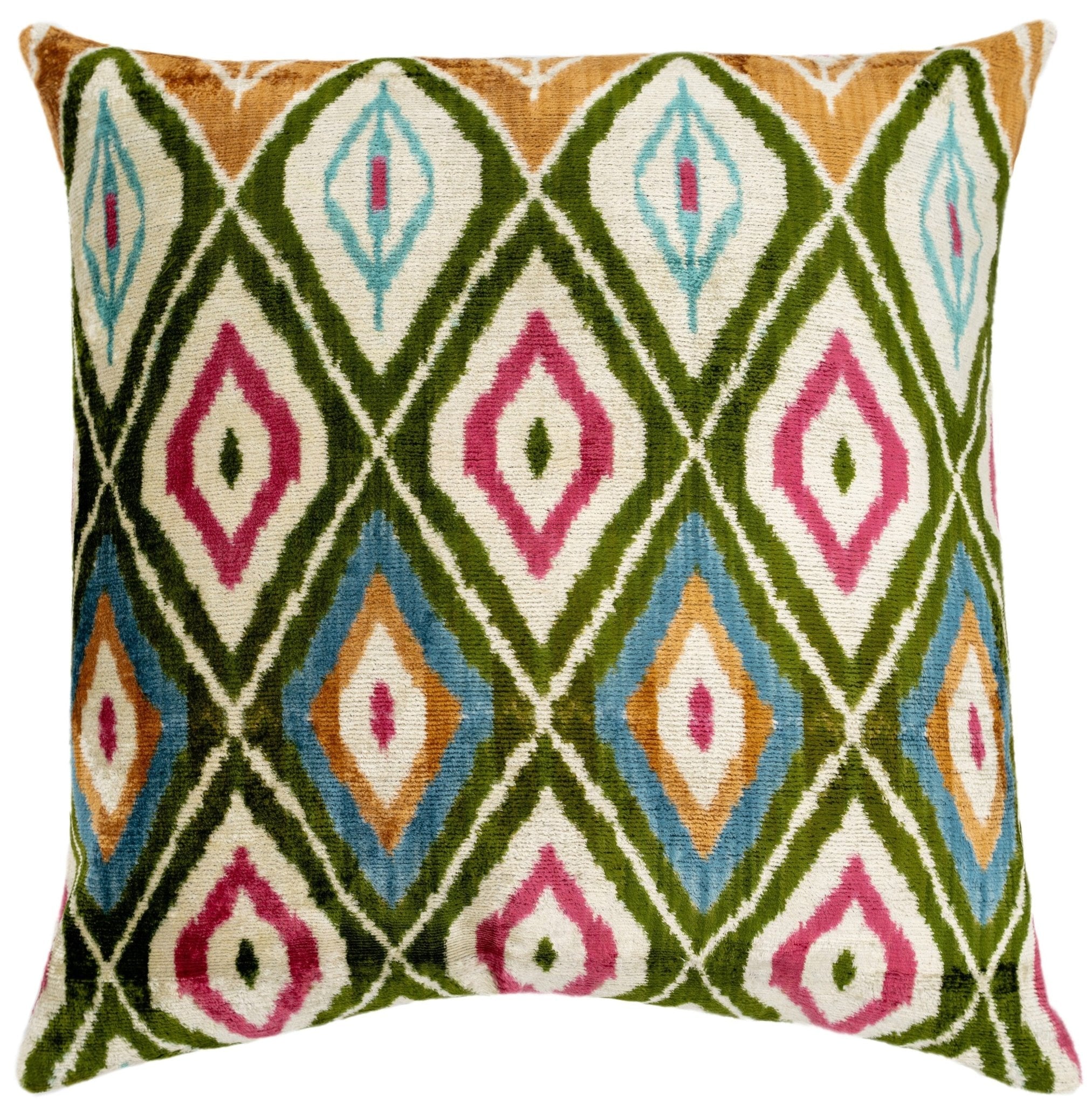 Handmade Velvet Throw Pillow with Multicolor Diamond Ikat Design - High-Quality 20x20 Inch Decorative Accent with Premium Down Feather Insert