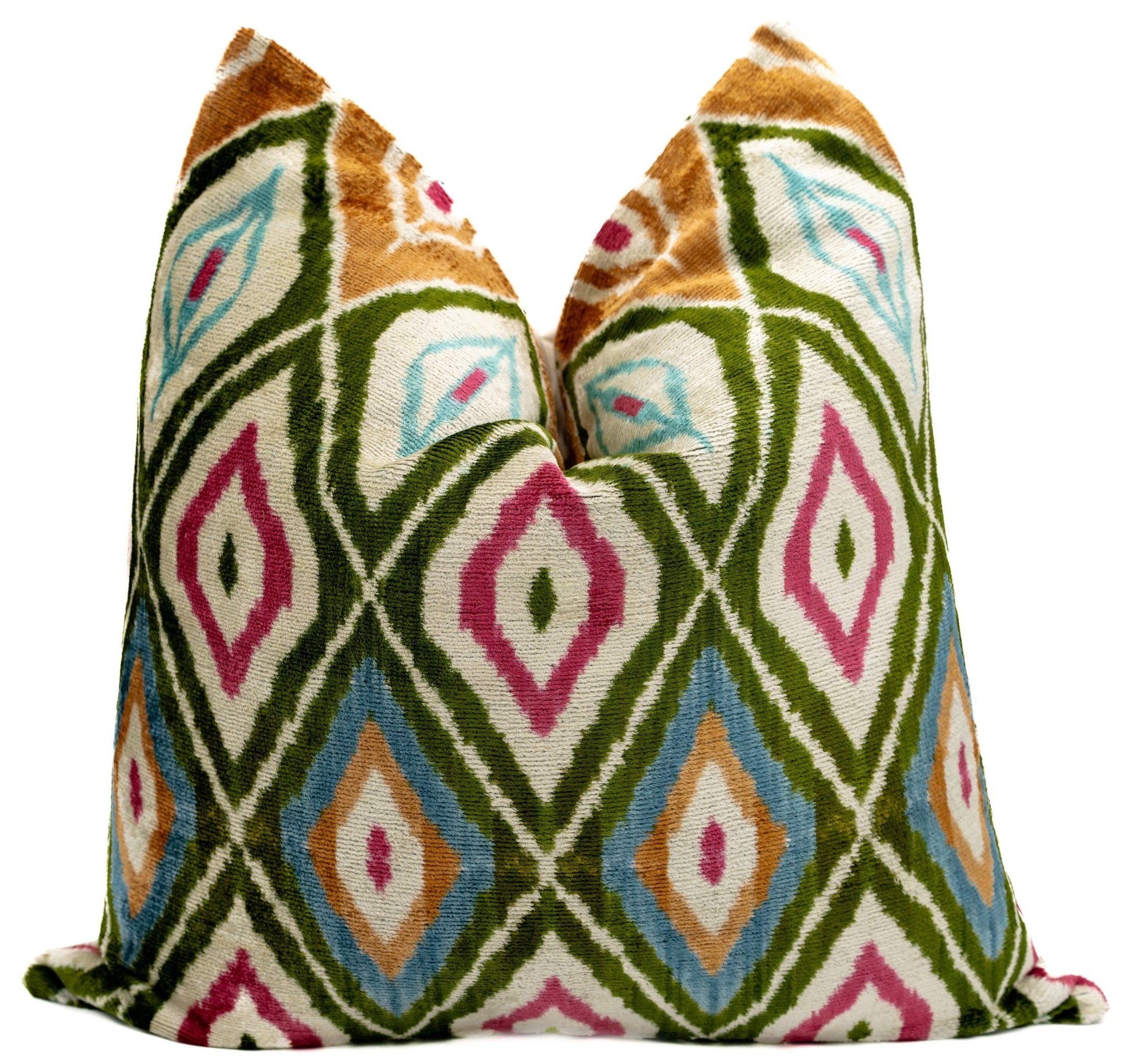 Handmade Velvet Throw Pillow with Multicolor Diamond Ikat Design - High-Quality 20x20 Inch Decorative Accent with Premium Down Feather Insert
