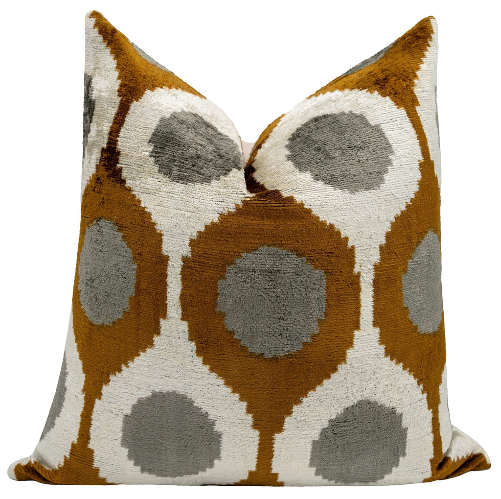 Handmade Velvet Throw Pillow with Mustard and Grey Geometric Design - High-Quality 20x20 Inch Decorative Accent with Premium Down Feather Insert