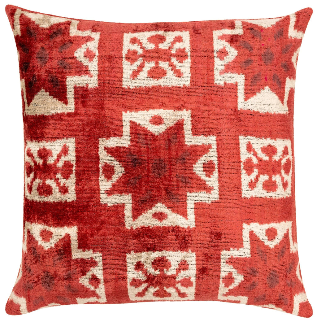 Handmade Velvet Throw Pillow with Red and Cream Geometric Star Design - High-Quality 20x20 Inch Decorative Accent with Premium Down Feather Insert