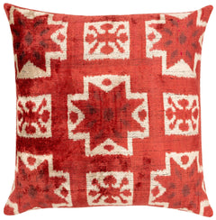 Handmade Velvet Throw Pillow with Red and Cream Geometric Star Design - High-Quality 20x20 Inch Decorative Accent with Premium Down Feather Insert