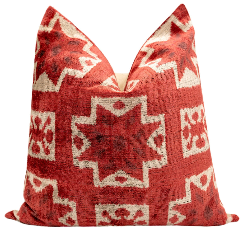 Handmade Velvet Throw Pillow with Red and Cream Geometric Star Design - High-Quality 20x20 Inch Decorative Accent with Premium Down Feather Insert