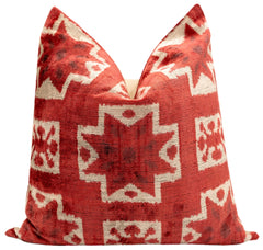 Handmade Velvet Throw Pillow with Red and Cream Geometric Star Design - High-Quality 20x20 Inch Decorative Accent with Premium Down Feather Insert