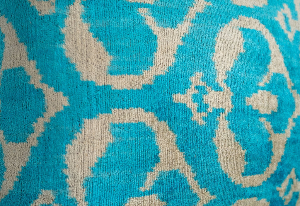 Handmade Velvet Throw Pillow with Turquoise and Beige Ikat Design - High-Quality 20x20 Inch Decorative Accent with Premium Down Feather Insert for Sofas, Couches, and Interior Design