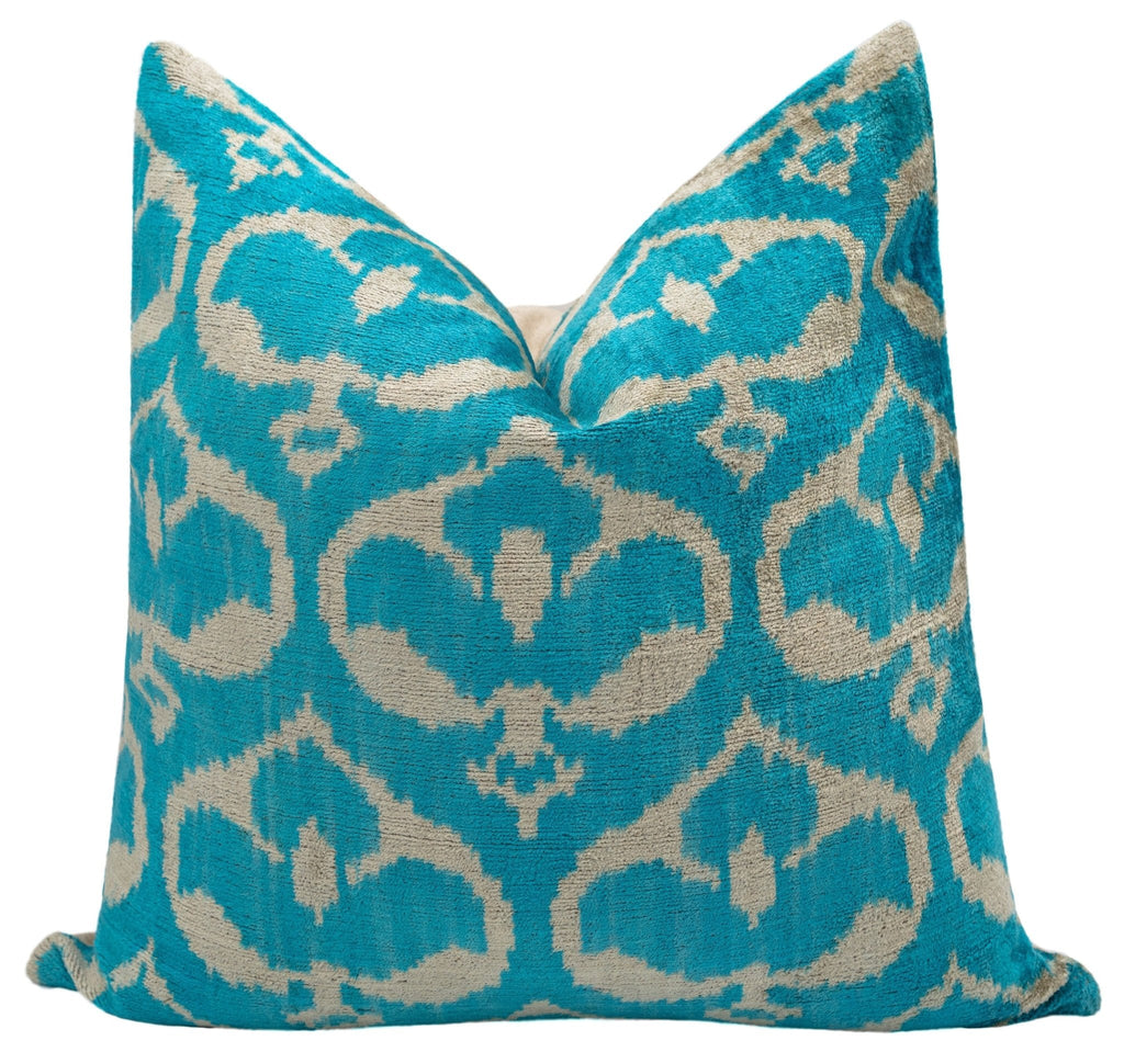 Handmade Velvet Throw Pillow with Turquoise and Beige Ikat Design - High-Quality 20x20 Inch Decorative Accent with Premium Down Feather Insert for Sofas, Couches, and Interior Design