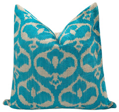 Handmade Velvet Throw Pillow with Turquoise and Beige Ikat Design - High-Quality 20x20 Inch Decorative Accent with Premium Down Feather Insert for Sofas, Couches, and Interior Design