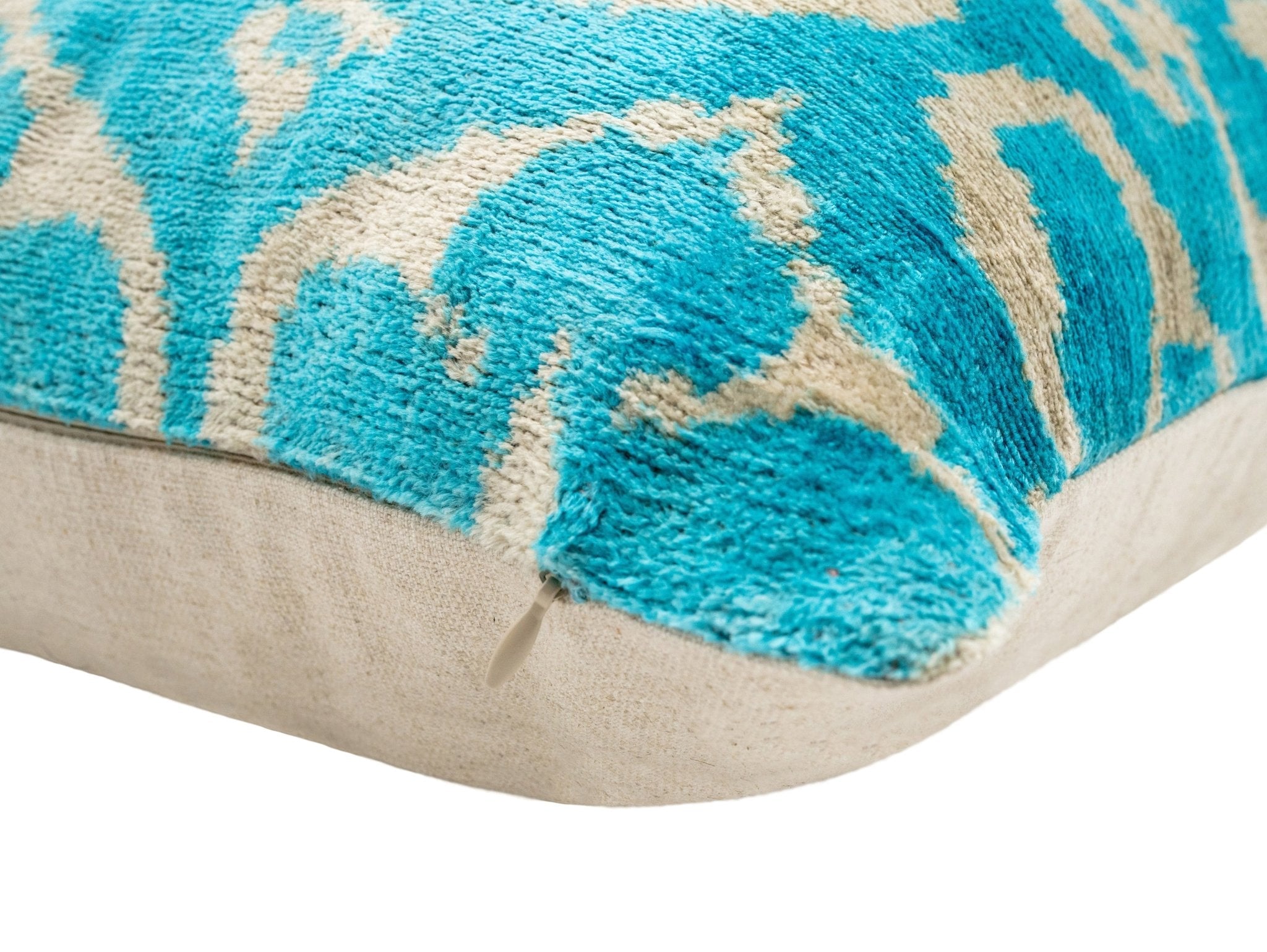 Handmade Velvet Throw Pillow with Turquoise and Beige Ikat Design - High-Quality 20x20 Inch Decorative Accent with Premium Down Feather Insert for Sofas, Couches, and Interior Design