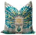 Handmade Velvet Throw Pillow with Turquoise and Yellow Ikat Design - High-Quality 20x20 Inch Decorative Accent with Premium Down Feather Insert