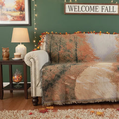 Autumn Authentic Tapestry Throw Blanket - Decorative Orange Fall Leaves Forest Woven Stitched Design - 50" x 60"-0