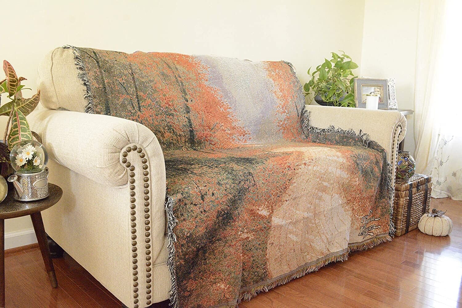 Autumn Authentic Tapestry Throw Blanket - Decorative Orange Fall Leaves Forest Woven Stitched Design - 50" x 60"-1