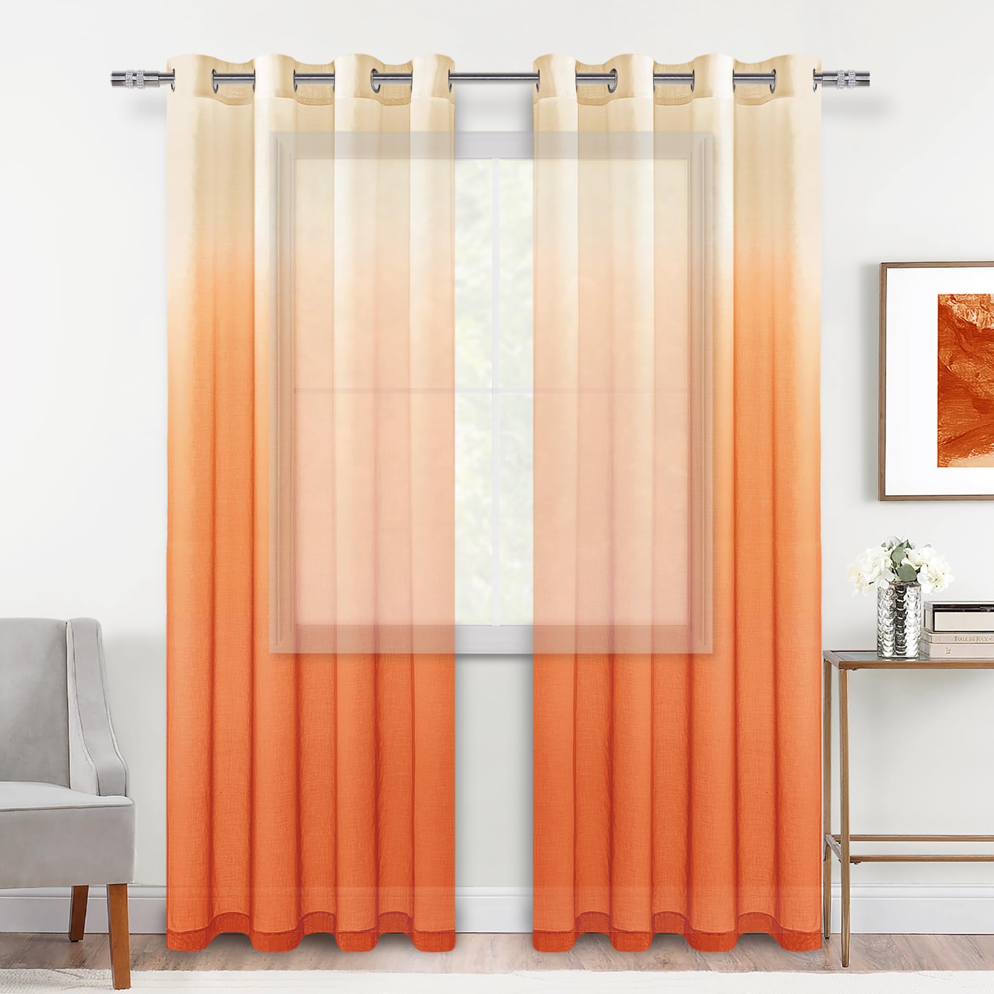 DWCN Faux Linen Ombre Sheer Curtains, Set of 2 Panels-7