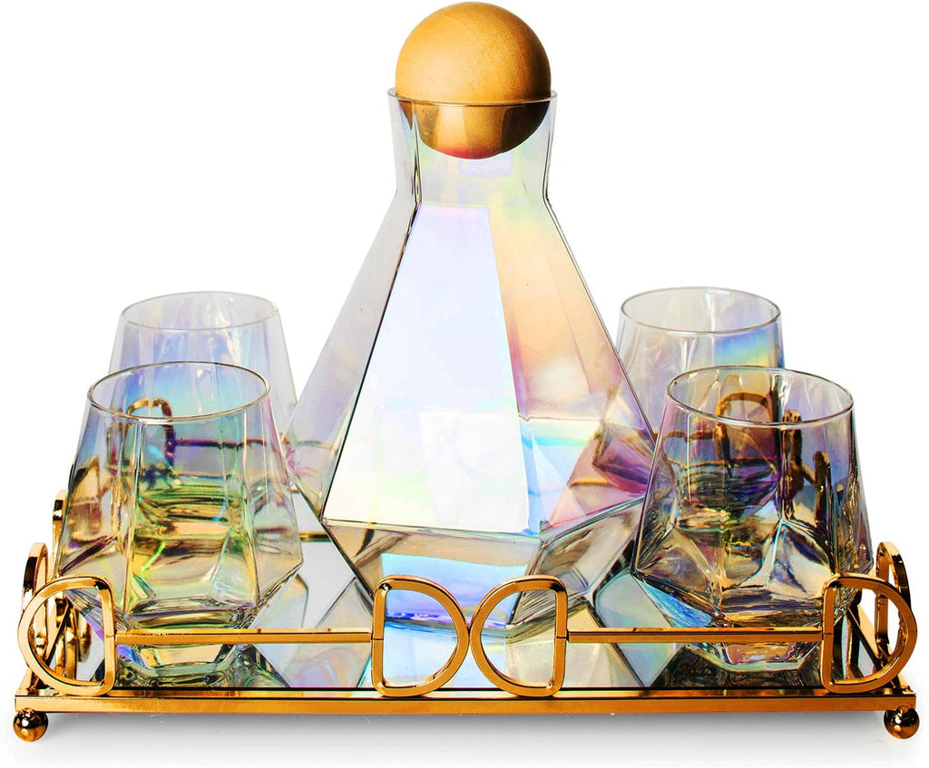 Diamond Iridescent Glass Diamond Decanter and Glasses Set-4