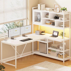 58 Inch L Shaped Desk With LED Light For Home Office-0