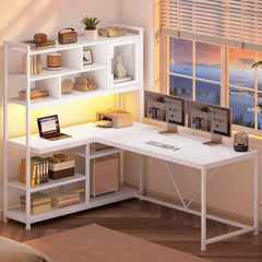 58 Inch L Shaped Desk With LED Light For Home Office-2