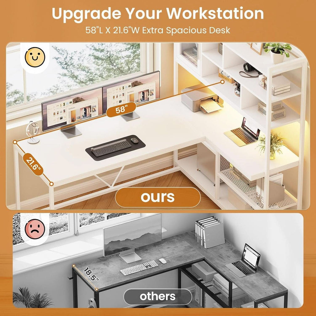 58 Inch L Shaped Desk With LED Light For Home Office-4