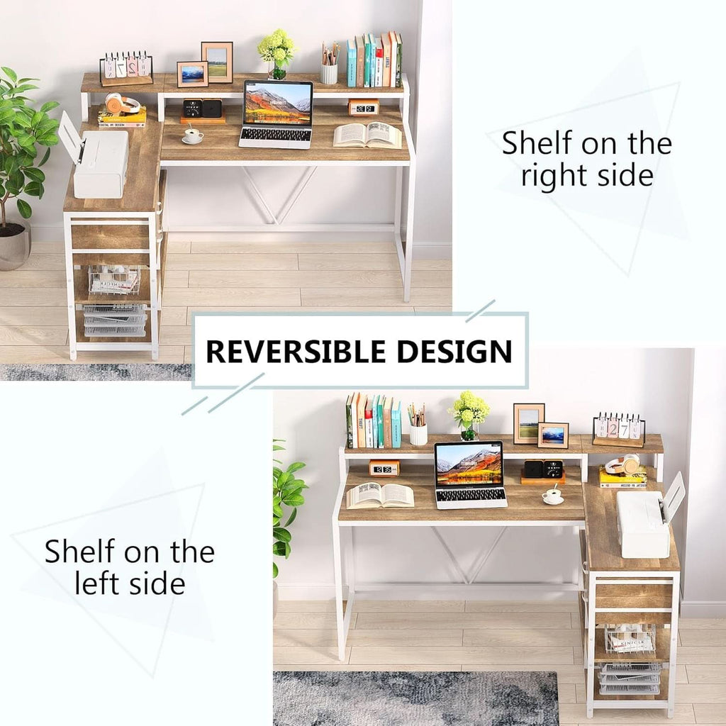 L Shaped Desk With Drawers And Monitor Stand Beige Wood-3