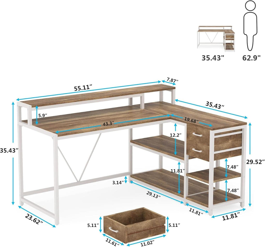 L Shaped Desk With Drawers And Monitor Stand Beige Wood-1