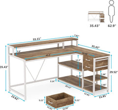 L Shaped Desk With Drawers And Monitor Stand Beige Wood-1
