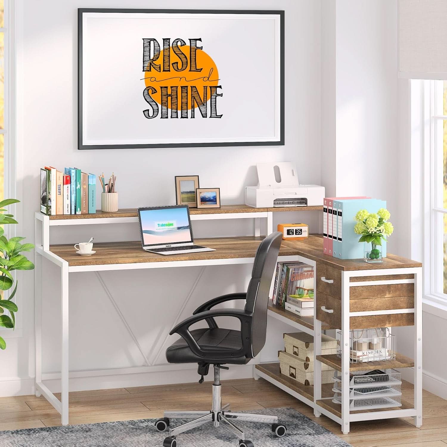 L Shaped Desk With Drawers And Monitor Stand Beige Wood-2