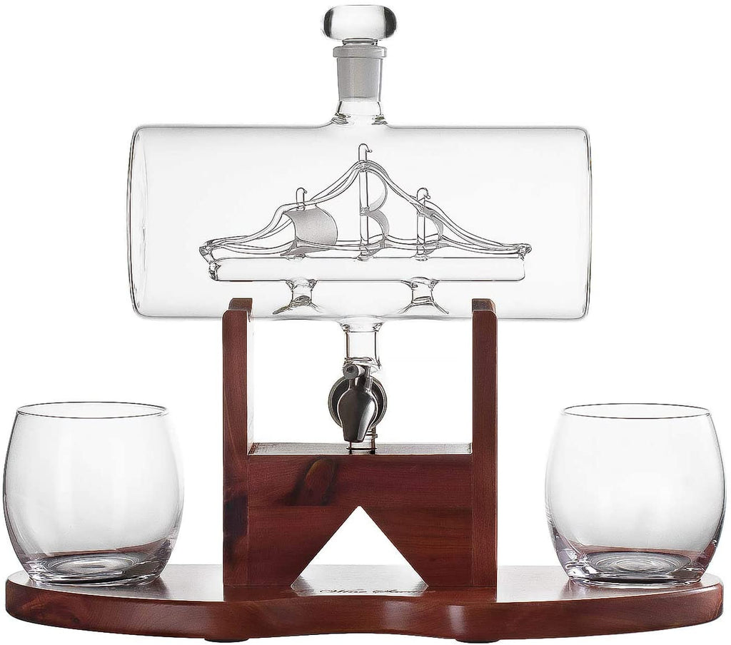 Whiskey Decanter Set - 1250ml Ship & 2 Whiskey Glasses-3