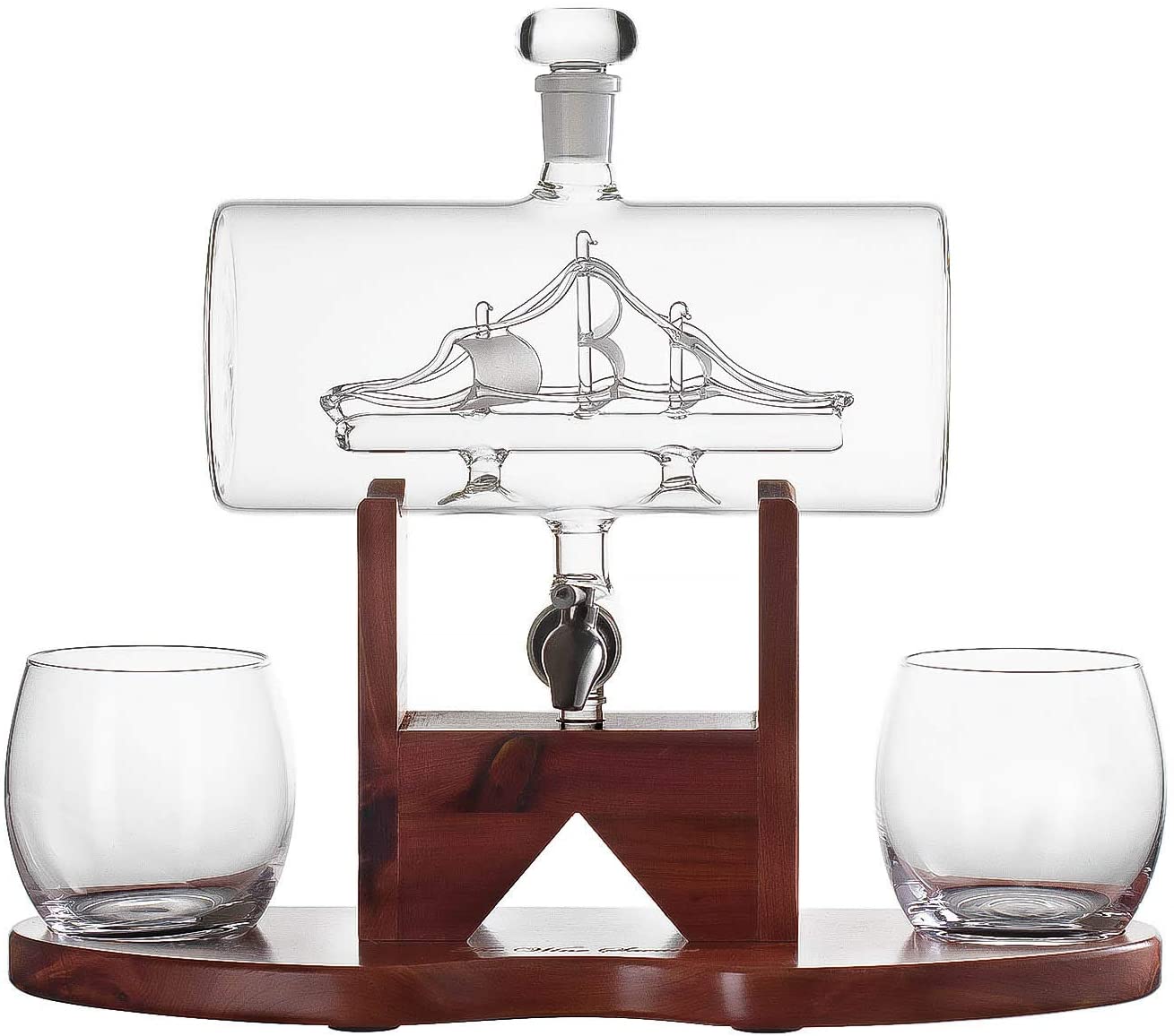 Whiskey Decanter Set - 1250ml Ship & 2 Whiskey Glasses-3