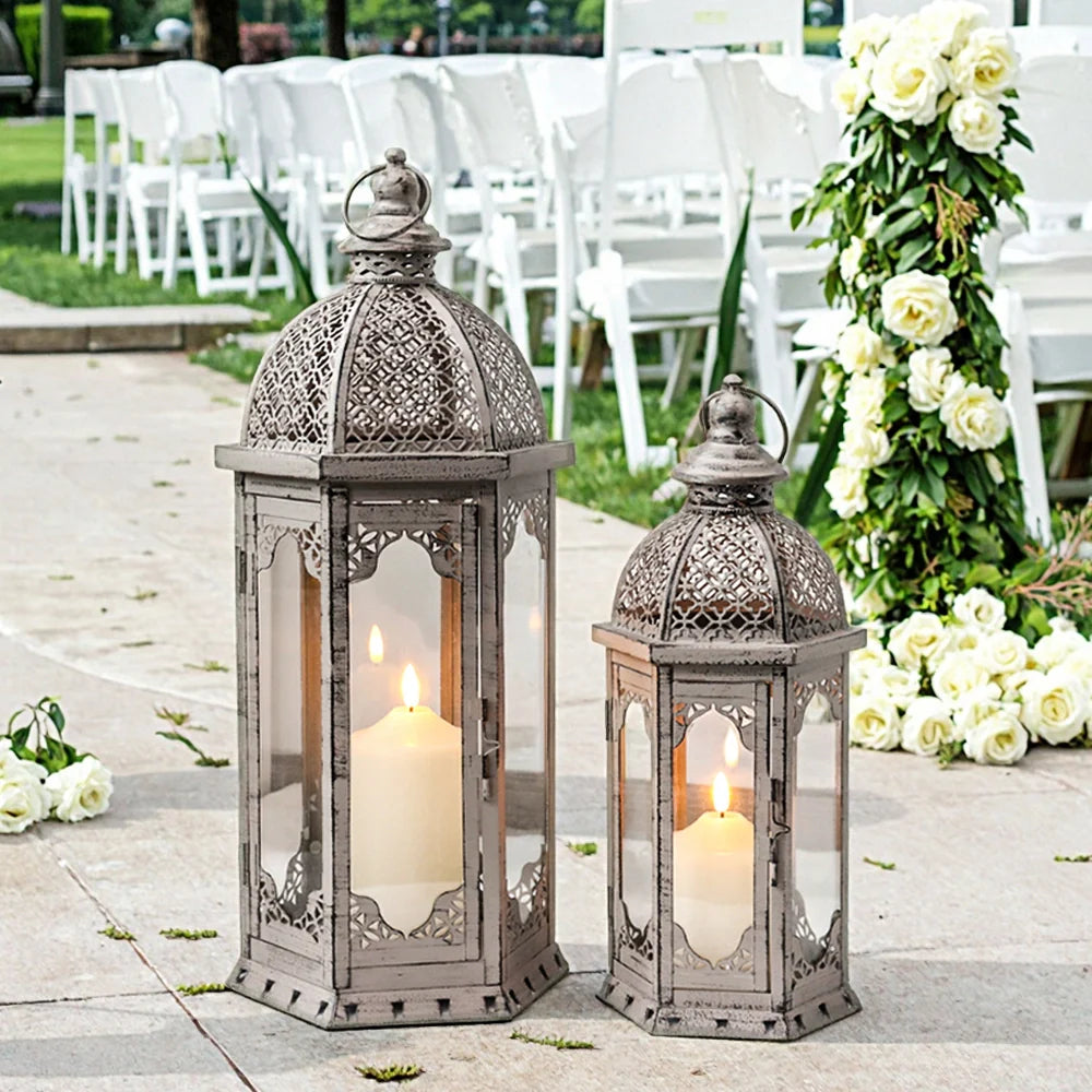 Set of 2-22"&17"H Vintage Metal Candle Lanterns(Grey with Black Brush)-2