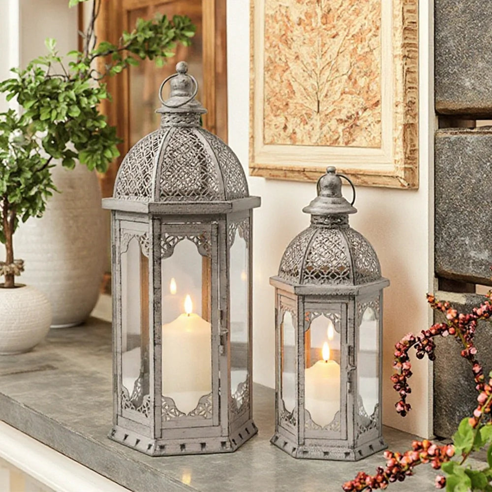 Set of 2-22"&17"H Vintage Metal Candle Lanterns(Grey with Black Brush)-3