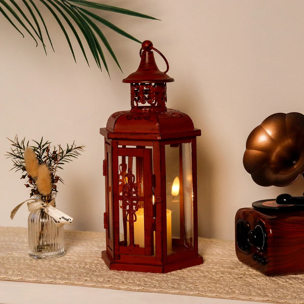 10“H Vintage Hanging Lantern(Red with Black Brush)-0
