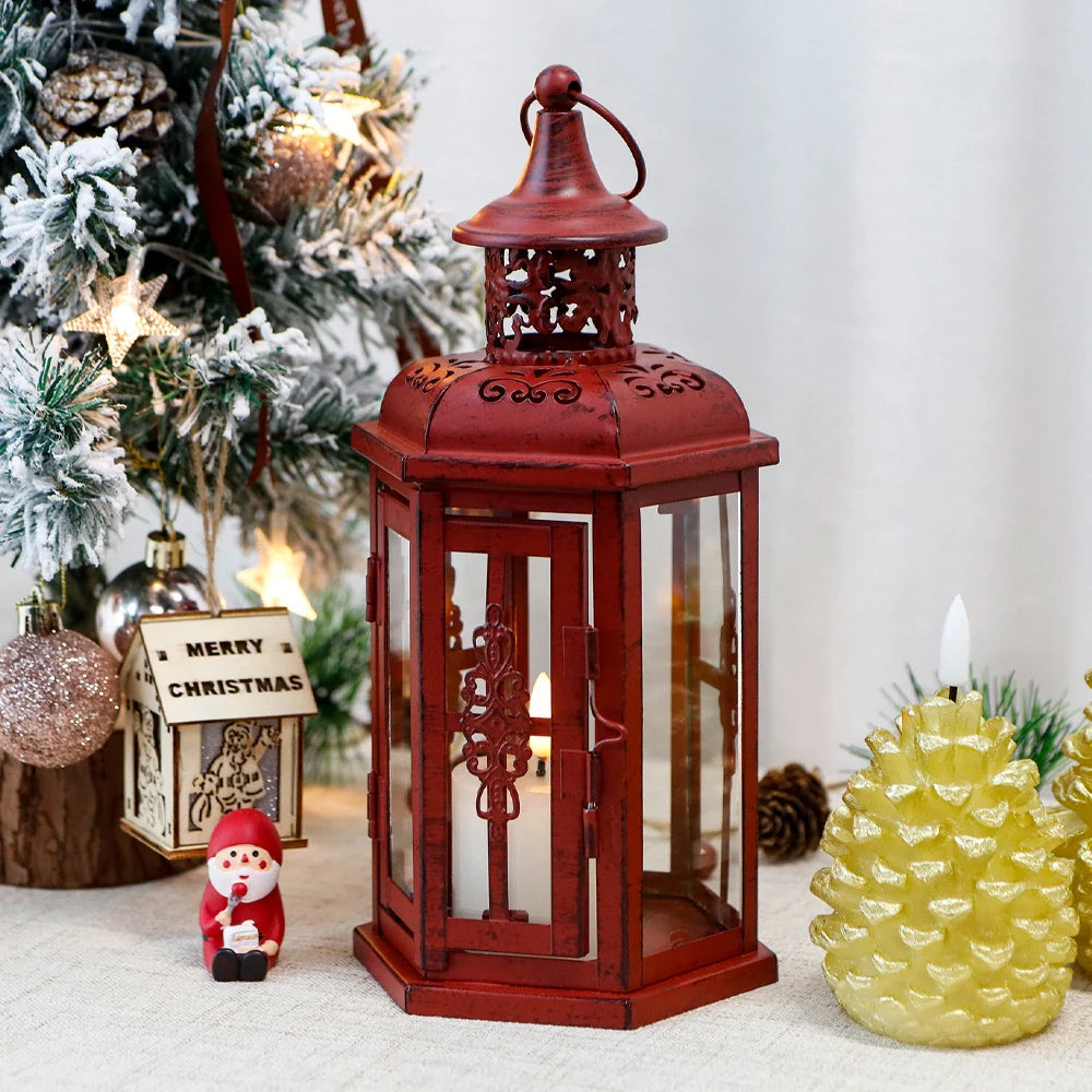 10“H Vintage Hanging Lantern(Red with Black Brush)-3