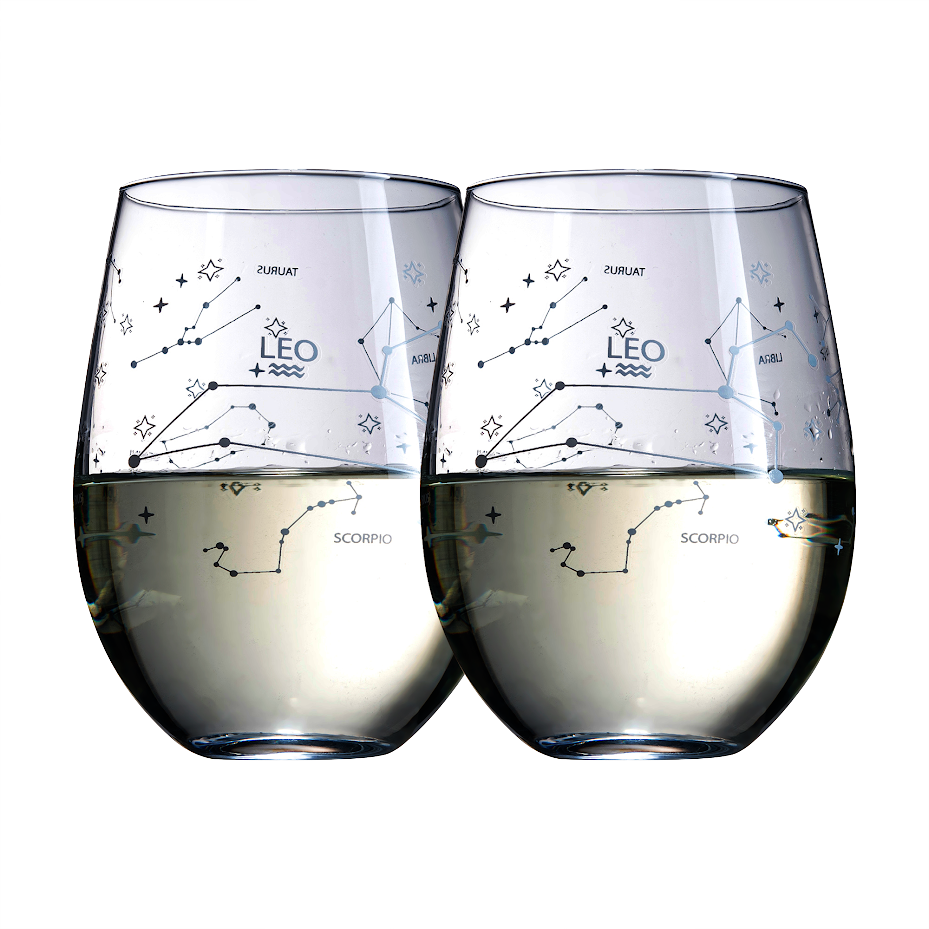Set of 2 Zodiac Sign Wine Glasses with 2 Wooden Coasters (Leo)