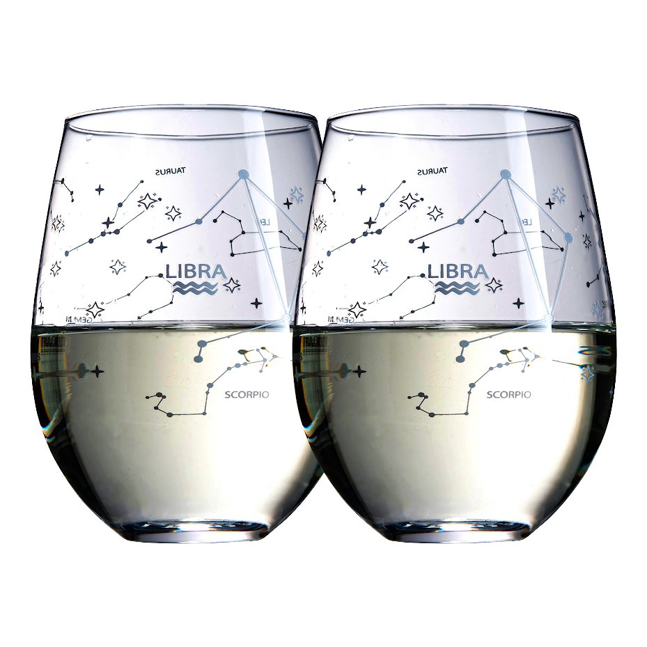 Set of 2 Zodiac Sign Wine Glasses with 2 Wooden Coasters (Libra)-0