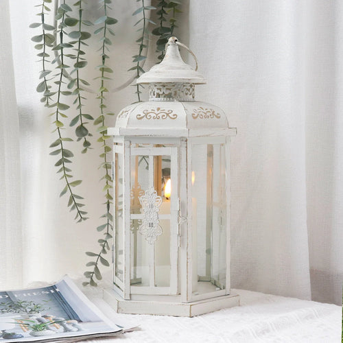 12" H Medium Candle Lantern(White with Gold Brush)-0