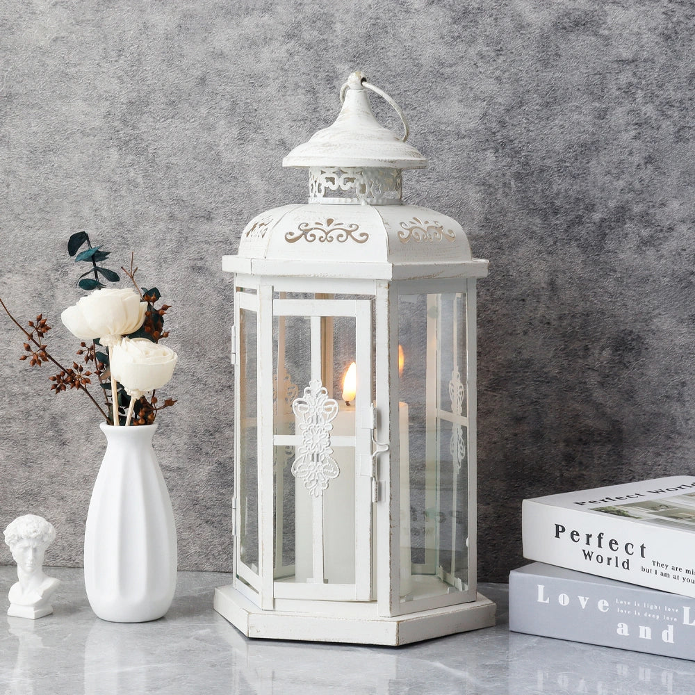 12" H Medium Candle Lantern(White with Gold Brush)-1
