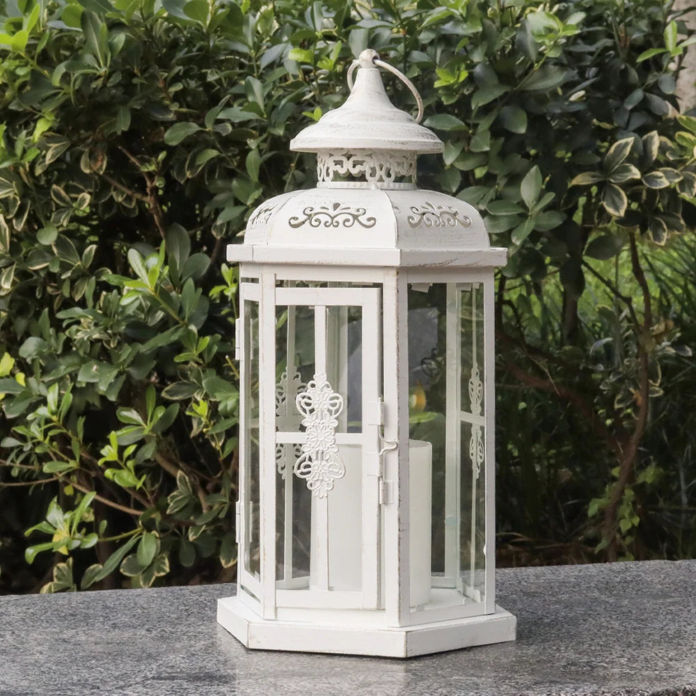 12" H Medium Candle Lantern(White with Gold Brush)-2