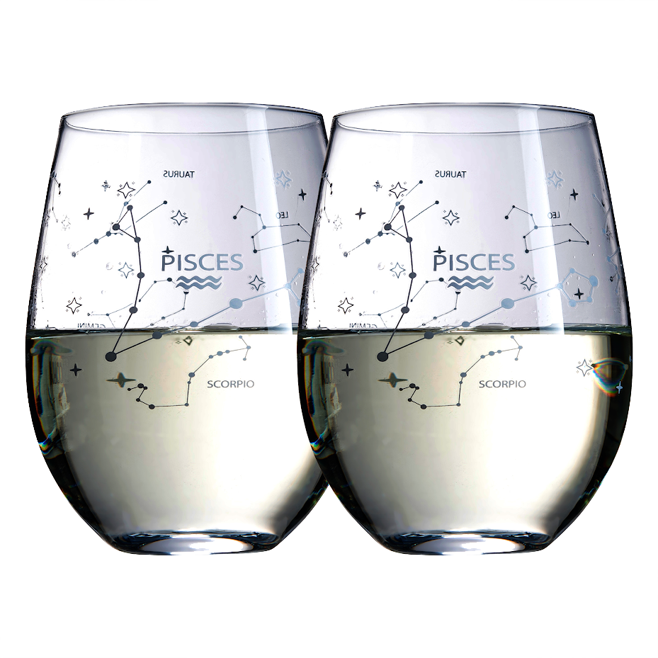 Set of 2 Zodiac Sign Wine Glasses with 2 Wooden Coasters (Pisces)-0