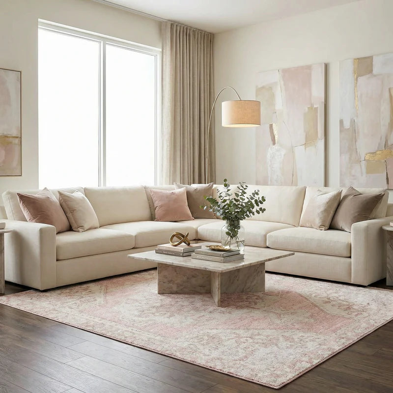 Short-Fiber Myda Pink Vintage-Washed Medallion Rug