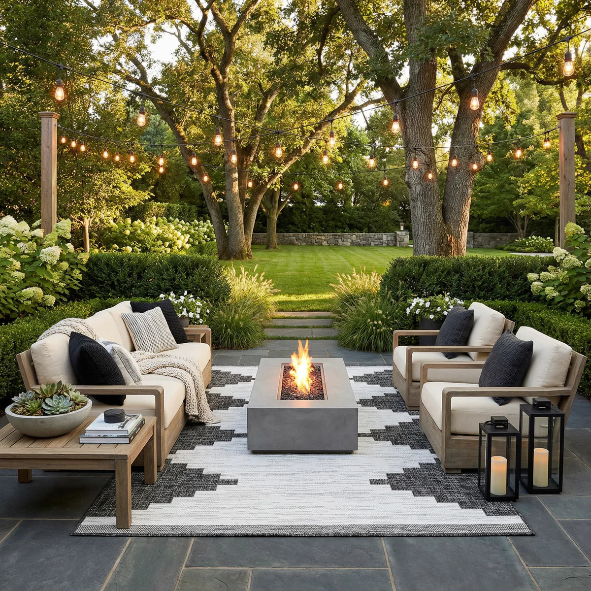 Outdoor patio with wooden furniture, fire pit, black and white outdoor rug, and string lights in a garden setting.